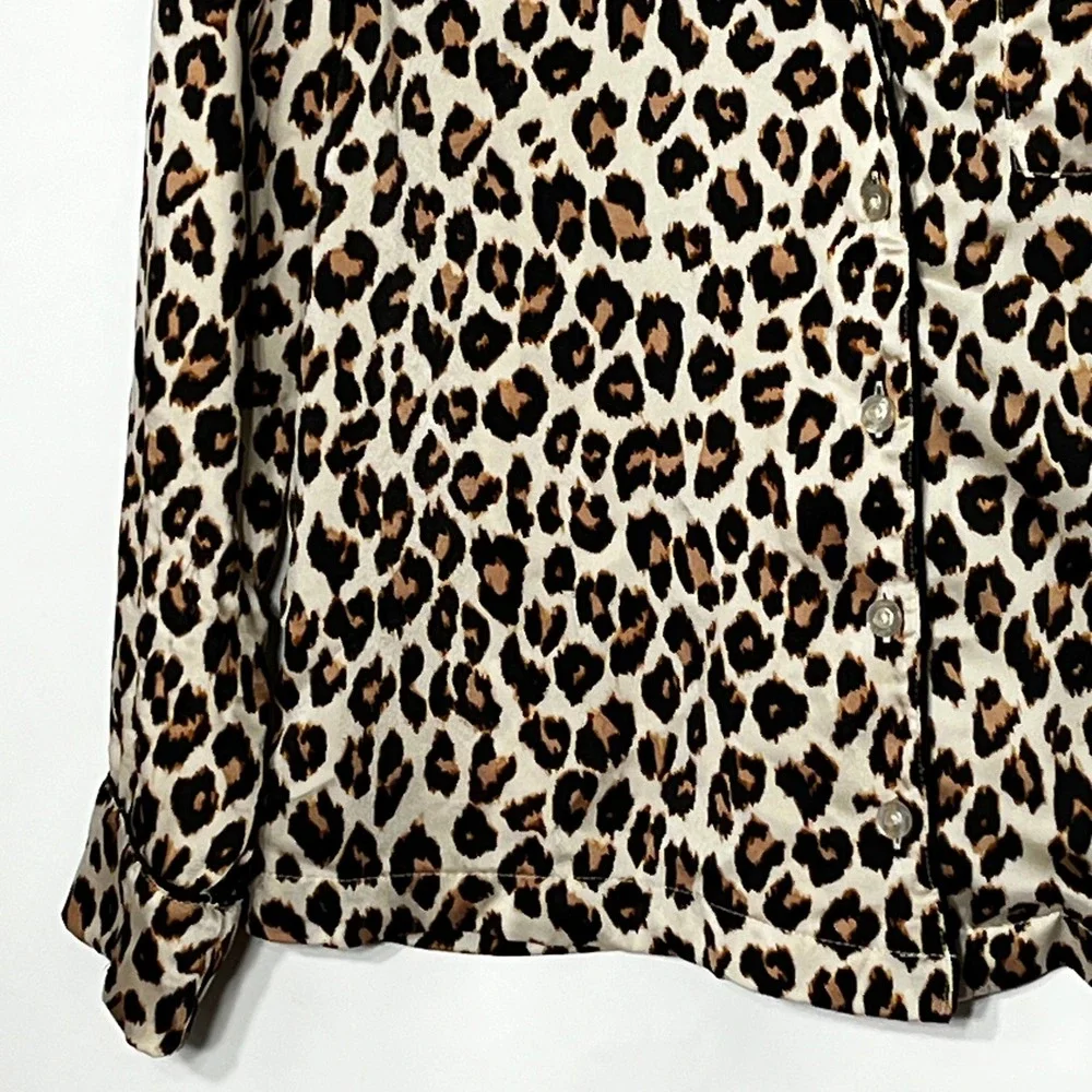 LOFT Satin Leopard Print Notch Collar Pajama Set Womens Small Brown Black LL025
